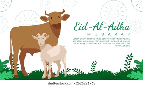Eid al-Adha Celebration Background with Cow and goat Character Illustration. Islamic Feast, Animal Sacrifice, and Community Greeting Concept Vector