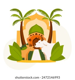 Eid al-Adha Feier Hintergrund mit Moschee, Ziege und Kuh Illustration
