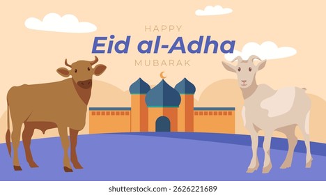 Eid al-Adha Celebration Background with Muslim Character Cow and got Illustration. Islamic Feast, Animal Sacrifice, and Community Greeting Concept Vector