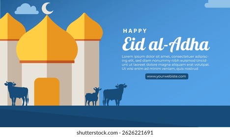 Eid al-Adha Celebration Background with Muslim Character Illustration. Islamic Feast, Animal Sacrifice, and Community Greeting Concept Vector