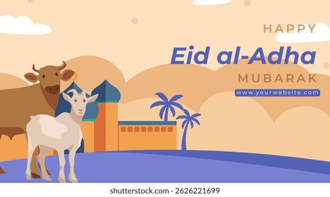 Eid al-Adha Celebration Background with Muslim Character Cow and got Illustration. Islamic Feast, Animal Sacrifice, and Community Greeting Concept Vector