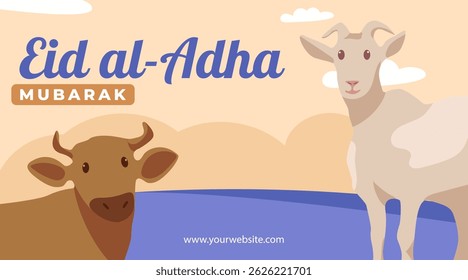 Eid al-Adha Celebration Background with Muslim Character Cow and got Illustration. Islamic Feast, Animal Sacrifice, and Community Greeting Concept Vector