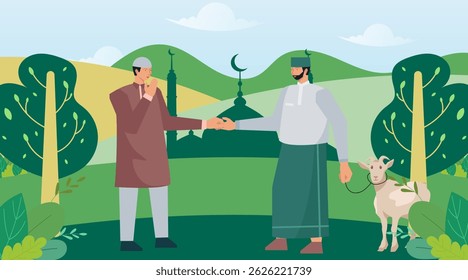 Eid al-Adha Celebration Background with Muslim man Character Illustration. Islamic Feast, Animal Sacrifice, and Community Greeting Concept Vector
