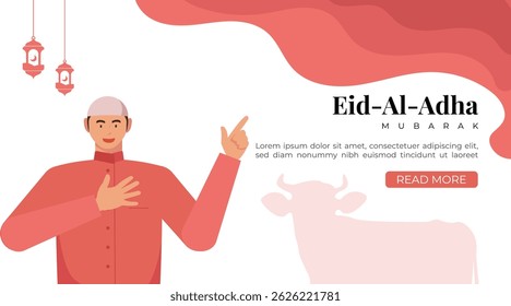 Eid al-Adha Celebration Background with Muslim man Character Illustration. Islamic Feast, Animal Sacrifice, and Community Greeting Concept Vector