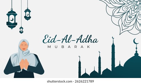 Eid al-Adha Celebration Background with Muslim Girl Character Illustration. Islamic Feast, Animal Sacrifice, and Community Greeting Concept Vector