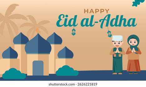 Eid al-Adha Celebration Background with Muslim Little Child Character Illustration. Vector Concept of Islamic Holiday, Animal Sacrifice, and Eid Greetings