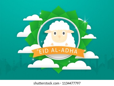 Eid Al-Adha Celebration Background Poster With Cute Sheep Cartoon, Modern Concept use For Religion Banner and Greeting card Holiday Festival.