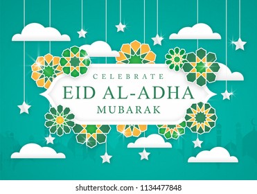 Afiche de fondo de la celebración de Eid Al-Adha con moderno concepto de uso para pancarta religiosa y festival de feriados de tarjetas de felicitación.