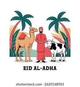 Eid al-Adha Celebration with Camel, Cow, and a Muslim Man.
