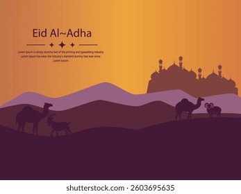 Eid Al-Adha Celebration with Camels, Goats, and Mosque at Sunset