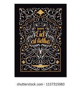 Eid al-Adha celebration card template. Eid al-Adha mubarak lettering or calligraphy with black background.