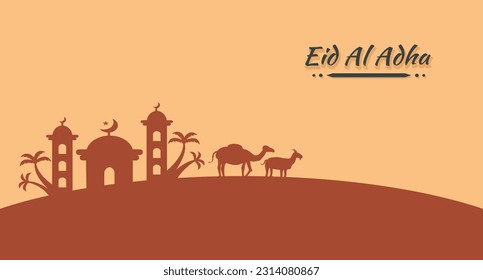 Eid al-Adha Celebration. Greeting card with silhouettes of sheep, sacrificial camels and mosque with evening mood. Vector illustration. Eid theme.