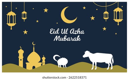 Eid al-Adha Celebration Illustration – Festival of Sacrifice with Lanterns and Mosque

