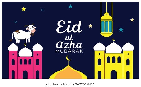 Eid al-Adha Celebration Illustration – Festival of Sacrifice with Lanterns and Mosque

