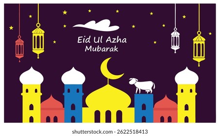 Eid al-Adha Celebration Illustration – Festival of Sacrifice with Lanterns and Mosque

