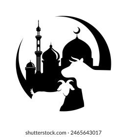 Eid al-Adha celebration illustration with mosque and sacrifice animals silhouette