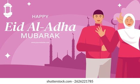 Eid al-Adha Celebration Pink Background with Muslim Character Illustration. Islamic Feast, Animal Sacrifice, and Community Greeting Concept Vector