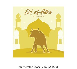 Eid al-Adha-Feier. Opferkuh mit Moscheehintergrund. Eid Al Adha Konzept. Flache Vektorillustration.