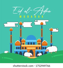 Eid al-Adha, consisting of a mosque building and white sheep on a green background