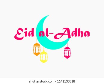 Eid al-Adha. Crescent with hanging lantern. Kurban Bajram muslim festival of sacrifice. Ramadan Kareem. Holiday greeting card. Vector illustration