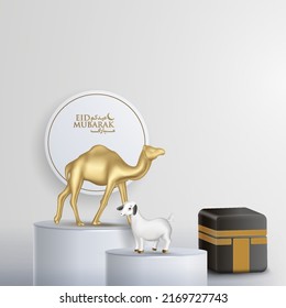 Eid al-Adha decoration with realistic golden camel, goat, podium and kaaba