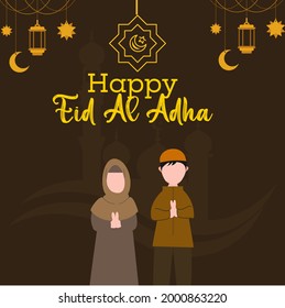 Eid al-Adha design with a black background and there are two characters male and female