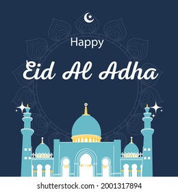 Eid al-Adha design with a blue background and there is a mosque