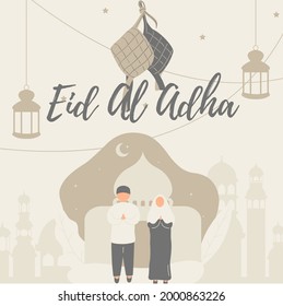 Eid al-Adha design with a Gray background and there are two characters male and female