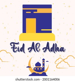 Eid al-Adha design with a pink background and there are mosques and kaaba objects