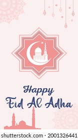 Eid al-Adha design with a Pink background and there is a mosque