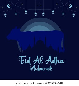 Eid al-Adha design with a White background and there is a cow in the middle of the mosque