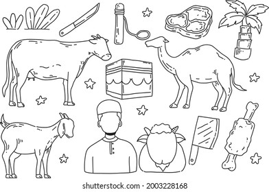 Eid Al-Adha doodles, hand drawn sketch, elements, islamic doole, suitable for Eid Al-Adha, Line Icon Sketch, Hand Made Vector Art, Holy Muslim festival,Illustration in Doodle Style