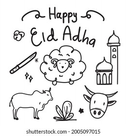 Eid Al-Adha doodles, hand drawn sketch, elements, islamic doole, suitable for Eid Al-Adha, Line Icon Sketch, Hand Made Vector Art, Holy Muslim festival,Illustration in Doodle Style