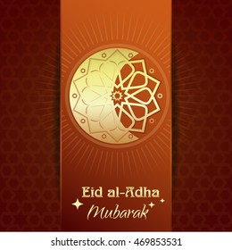 Eid al-Adha - Festival of the Sacrifice. Arabic islamic calligraphy of gold text 'Eid al-Adha Mubarak' for Muslim community festival celebrations. Vector illustration
