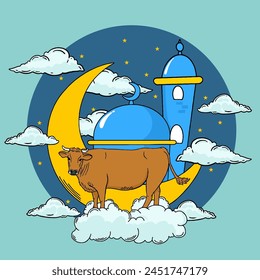 Eid al-Adha flat design illustration with cows, clouds, mosque, minaret and crescent moon