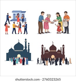 Eid al-Adha gathering with mosque and diverse people illustration