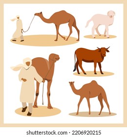 Eid al-Adha, goats, cows, camels, concept collection set
