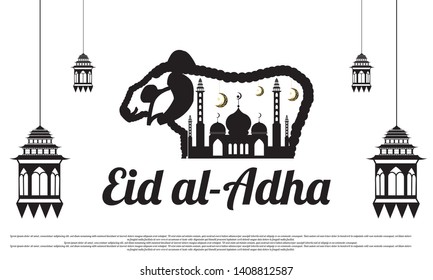 Eid al-adha with goats or sheep and mosque and lantern. can be used for template ornate greeting card. banner. flyer. landing page. web. illustration element vector.