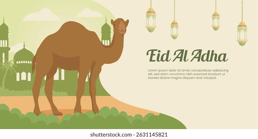 Eid al-Adha greeting background with Islamic decoration, and camel. Islamic background with green mosque, for banner cover template for eid al-adha or eid al-fitr celebration. Graphics for hajj day
