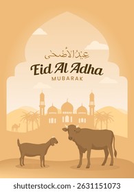 Eid al-Adha greeting background with Islamic decoration for poster, social media, banner, cover design, with cow, goat, camel, mecca mosque, and lantern. Graphics for hajj day.