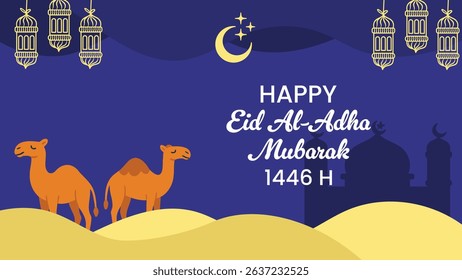 Eid Al-Adha Greeting with Camels, Lanterns, and Mosque Silhouette on Blue Background. Vector Illustration