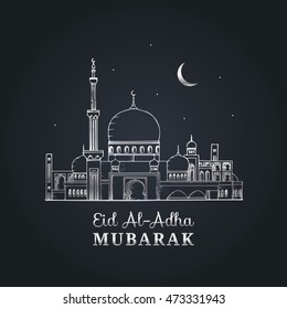 Eid al-Adha greeting card with calligraphy. Feast of Sacrifice graphic poster. Vector illustration of islamic holiday symbols. Hand sketched mosque, moon and stars. 