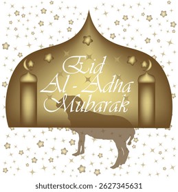 Eid Al-Adha greeting card with candles, mosque dome, stars, and sacrificial goat silhouette.
