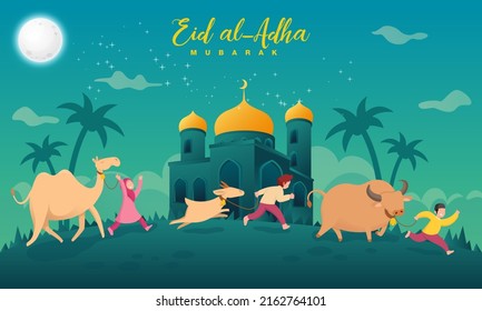 Eid al-Adha greeting card. cartoon muslim kids bring a goat, cow and camel for qurban or sacrifice in eid al adha mubarak with full moon, stars and mosque as background.