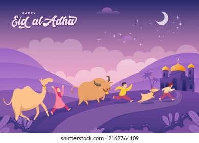 Eid al-Adha greeting card. Cartoon muslim kids bring a goat, cow and camel for qurban or sacrifice in eid al adha mubarak with crescent moon, stars and mosque as background