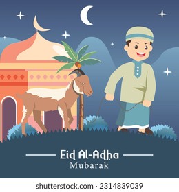 Eid al-Adha greeting card. cartoon of muslim boy taking goat for sacrifice with full moon, stars and mosque as background. Vector illustration for Eid greeting card, banner and poster