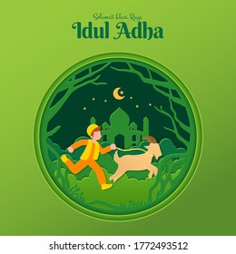 Eid al-Adha greeting card concept illustration in paper cut style with muslim boy bring goat for sacrifice. Selamat hari raya Idul Adha is another language of Eid al-Adha mubarak in Indonesian