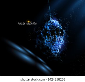 Eid al-Adha greeting card, Cover. luminous lanterns. Traditional arabic poster card object. Islamic Festival concept. Polygonal wireframe light. Festival of the Sacrifice