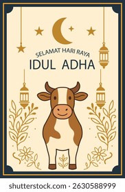 Eid al-Adha Greeting Card with Cute Cow, Lanterns and Islamic Ornament