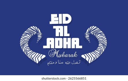 Eid al-Adha greeting card design with Arabic calligraphy and modern ram horn illustration on blue background